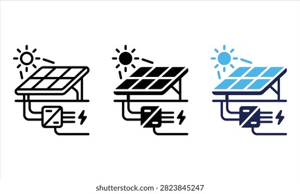 Solar panel with electric inverter flat icon set isolated on white background.