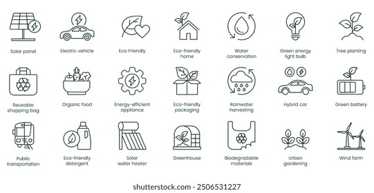 Solar Panel, Electric Vehicle, Eco-Friendly, Eco-Friendly Home, Water Conservation, Green Energy Light Bulb, Tree Planting, Reusable Shopping Bag, Organic Food, Energy Efficient Appliance vector icons