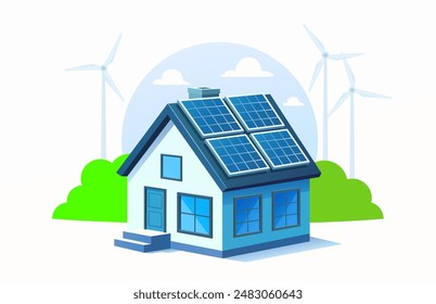 Solar panel electricity generation, nature ecology, green energy. vector illustration