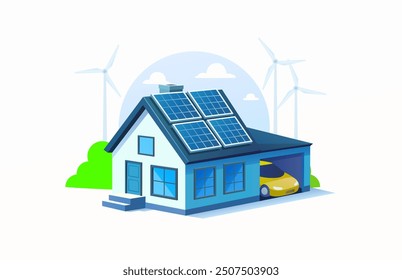 Solar panel electricity generation, nature ecology, green energy. vector illustration