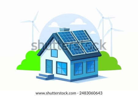 Solar panel electricity generation, nature ecology, green energy. vector illustration