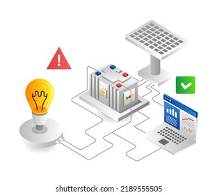 Solar panel energy analysis network in isometric illustration