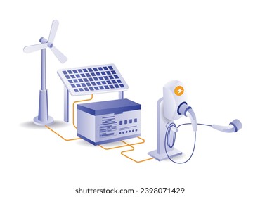 Solar panel energy storage battery with electric car charger technology concept illustration