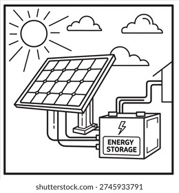 Solar Panel Energy Storage System Line Art Coloring Page Printable