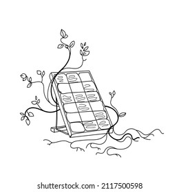 Solar panel entwined with tree branches and roots growing from the ground,Outline illustration of a solar panel drawn in sketch style on a white background.Sustainable energy concept.Vector design.