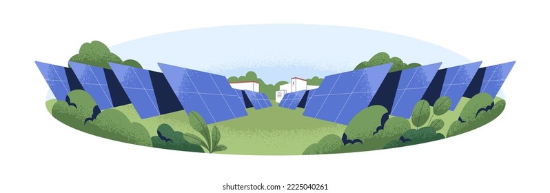 Granja de paneles solares para energía eléctrica verde sostenible. Electricidad ecológica alternativa, central solar, estación con pilas celulares en la naturaleza. Ilustración vectorial plana aislada en fondo blanco