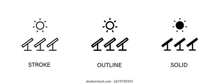 Solar panel field icon for green energy, solar, power generation, industry. Vector stroke, outline and solid icon. EPS10.