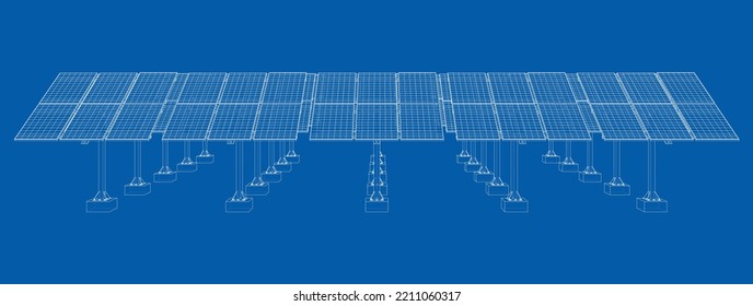 Solar Panel Field. Vector rendering of 3d. Wire-frame style. The layers of visible and invisible lines are separated