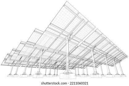 Solar Panel Field. Vector rendering of 3d. Wire-frame style. The layers of visible and invisible lines are separated