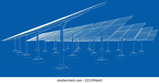 Solar Panel Field. Vector rendering of 3d. Wire-frame style. The layers of visible and invisible lines are separated