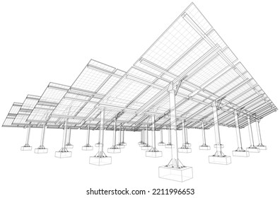 Solar Panel Field. Vector rendering of 3d. Wire-frame style. The layers of visible and invisible lines are separated