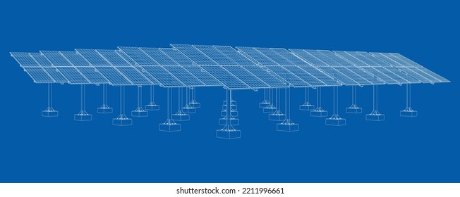 Solar Panel Field. Vector rendering of 3d. Wire-frame style. The layers of visible and invisible lines are separated