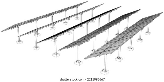 Solar Panel Field. Vector rendering of 3d. Wire-frame style. The layers of visible and invisible lines are separated