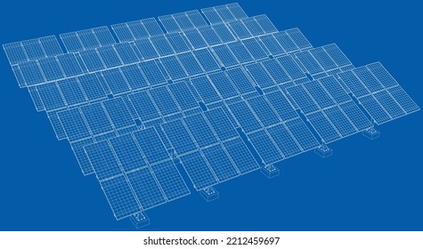 Solar Panel Field. Vector rendering of 3d. Wire-frame style. The layers of visible and invisible lines are separated