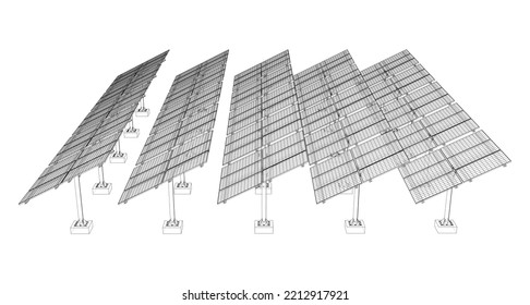 Solar Panel Field. Vector rendering of 3d. Wire-frame style. The layers of visible and invisible lines are separated