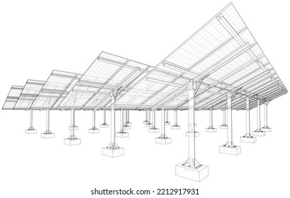 Solar Panel Field. Vector rendering of 3d. Wire-frame style. The layers of visible and invisible lines are separated