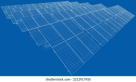 Solar Panel Field. Vector rendering of 3d. Wire-frame style. The layers of visible and invisible lines are separated