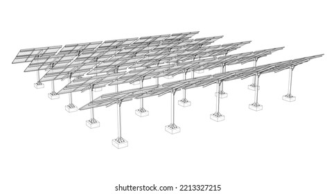 Solar Panel Field. Vector rendering of 3d. Wire-frame style. The layers of visible and invisible lines are separated