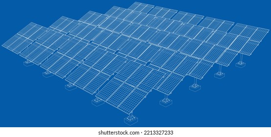 Solar Panel Field. Vector rendering of 3d. Wire-frame style. The layers of visible and invisible lines are separated