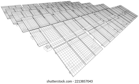 Solar Panel Field. Vector rendering of 3d. Wire-frame style. The layers of visible and invisible lines are separated