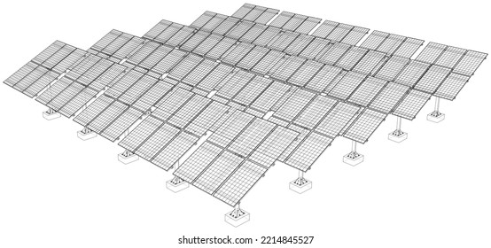 Solar Panel Field. Vector rendering of 3d. Wire-frame style. The layers of visible and invisible lines are separated