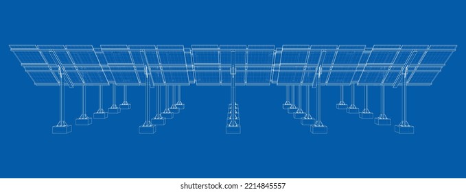 Solar Panel Field. Vector rendering of 3d. Wire-frame style. The layers of visible and invisible lines are separated