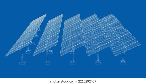 Solar Panel Field. Vector rendering of 3d. Wire-frame style. The layers of visible and invisible lines are separated