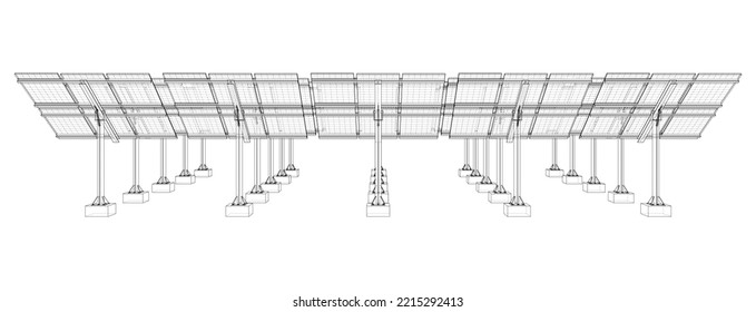 Solar Panel Field. Vector rendering of 3d. Wire-frame style. The layers of visible and invisible lines are separated
