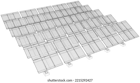 Solar Panel Field. Vector rendering of 3d. Wire-frame style. The layers of visible and invisible lines are separated