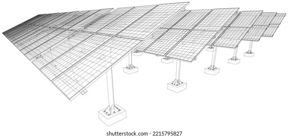 Solar Panel Field. Vector rendering of 3d. Wire-frame style. The layers of visible and invisible lines are separated