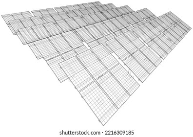 Solar Panel Field. Vector rendering of 3d. Wire-frame style. The layers of visible and invisible lines are separated