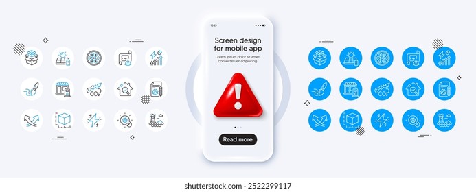 Solar panel, Filling station and Lighthouse line icons. Phone mockup with 3d danger icon. Pack of Innovation, Documentation, Inspect icon. Vector