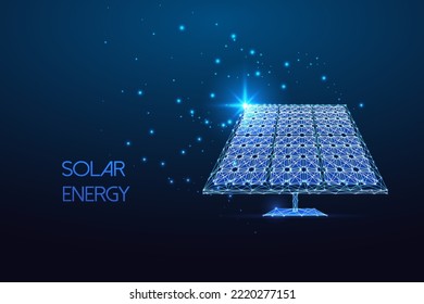 Solar panel in futuristic glowing low polygonal style on dark blue background. Renewable sustainable energy sources. Future power industry. Modern abstract connection design vector illustration.