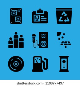 solar panel, gas station, id card, compact disc, speaker, speaker, recycle bin, rank and clock vector icon. Simple icons set