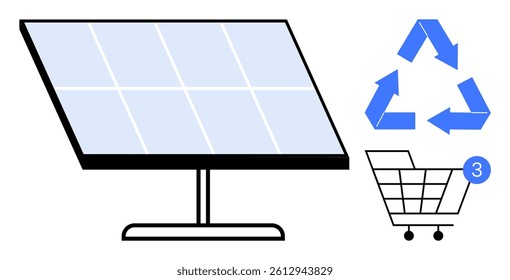Solar panel generating clean energy, recycling symbol promoting sustainability, and shopping cart with three notifications. Ideal for promoting eco-friendly practices, renewable energy