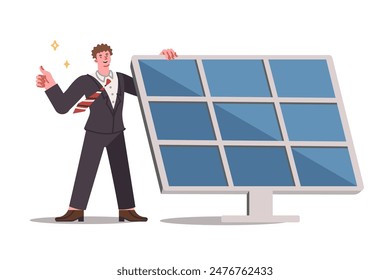 Solar panel for generating electricity from renewable sources, near man showing thumbs up. Investor is happy about investing money in solar panel to generate current and develop alternative energy