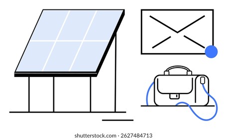 Painel solar gerando energia, ícone de comunicação digital e pasta de negócios. Ideal para tecnologia sustentável, negócios ecológicos, trabalho remoto, comunicação moderna, soluções ecológicas