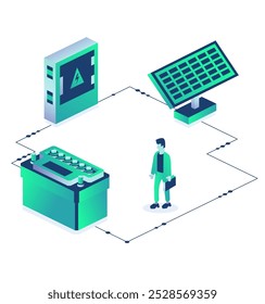 Painel solar para geração de eletricidade e bateria de carro isolado no fundo branco. Bateria de acumulador e transformador elétrico. Objetos isométricos. Ilustração vetorial.