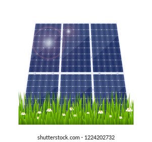 Solar panel with green grass on a white background. Vector illustation renewable energy. Ecological energy.