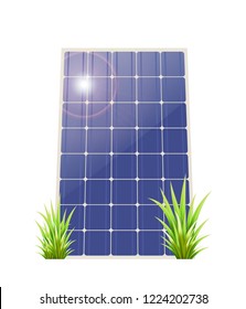 Solar panel with green grass on a white background. Vector illustation renewable energy. Ecological energy.