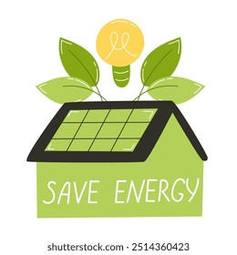 Solar Panel, Green Leaf, and Light Bulb with Save Water Message