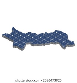 Solar Panel Grid Icon: A 3D map of Pakistan covered in solar panels, symbolizing renewable energy and sustainability. Ideal for themes related to green energy, environmental conservation.