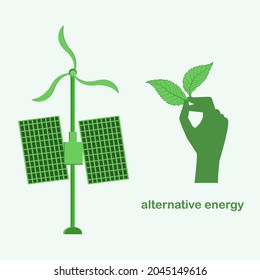 Solar panel, hand holds a green leaf - vector. Alternative energy. Environmental protection concept.