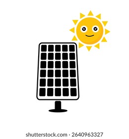 Solar panel with happy cartoon sun, ideal for concepts related to solar power, clean energy, environmental conservation, and futuristic energy sources