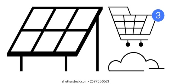 Solar panel harnessing energy, shopping cart with notification, cloud symbol. Ideal for renewable energy, e-commerce, online shopping, cloud storage, sustainability, technology integration