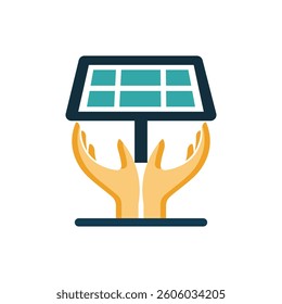 Solar Panel Held by Hands Icon .Green Energy, Community Sustainability, Earth Day Vector Art for Climate Action and Renewable Resources.A symbolic vector icon depicting two hands holding a Solar panel