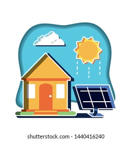 solar panel with home facade and sun