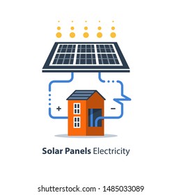 Solar panel and house, autonomous electricity, source of energy, flat design illustration