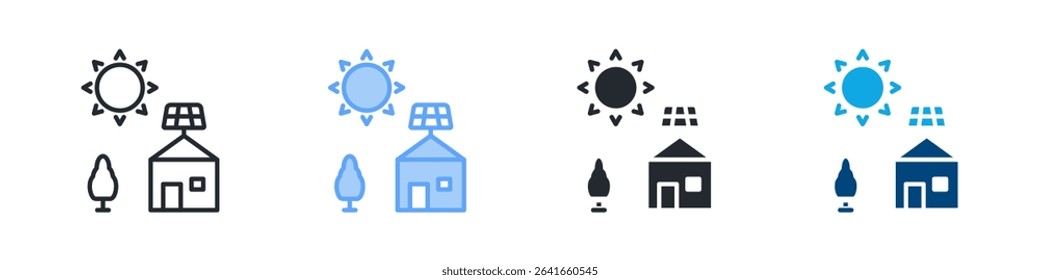 Solar Panel House Icon Set Multiple Style. Design In Outline, Blue, Glyph, Dualtone