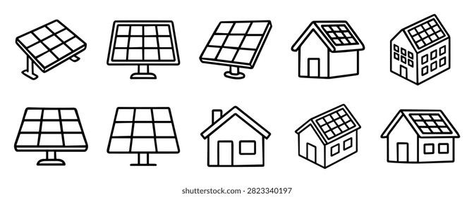 solar panel and house line art vector icons for renewable energy and eco technology on transparent background